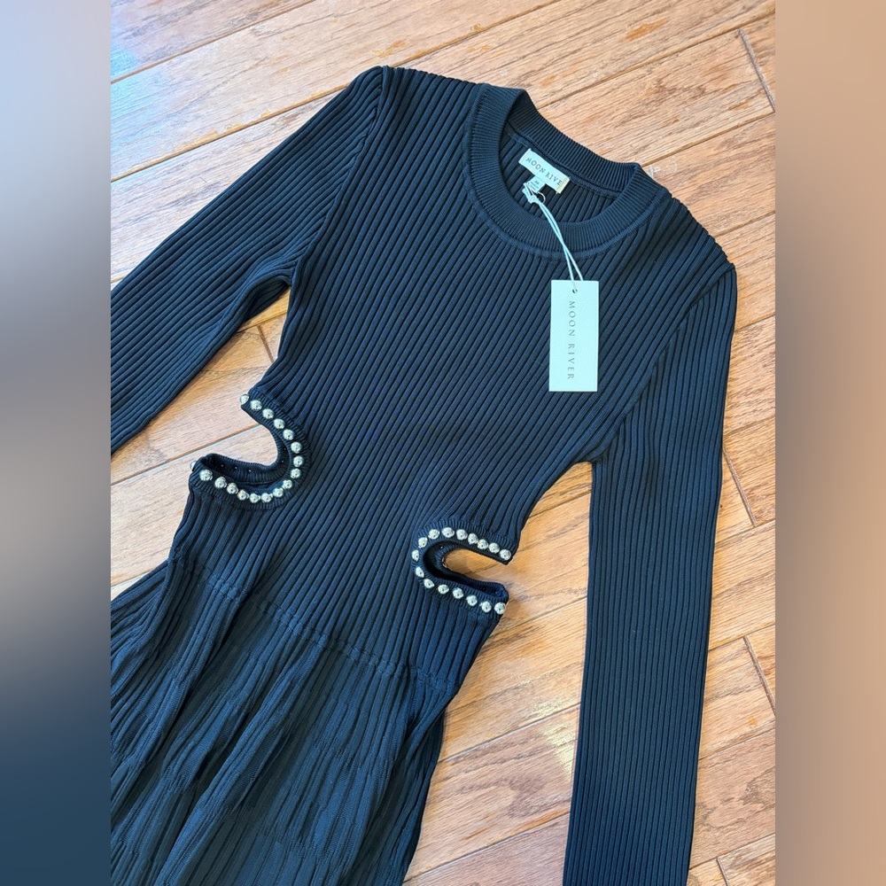 Moon River Black Ribbed Dress with Cutouts